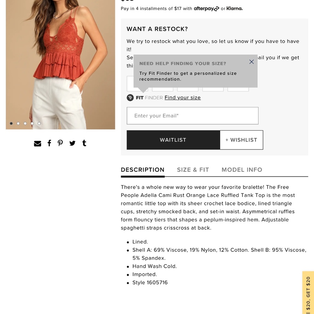 Free People Adella Camisole in burnt orange size sm NWT - Picture 6 of 7